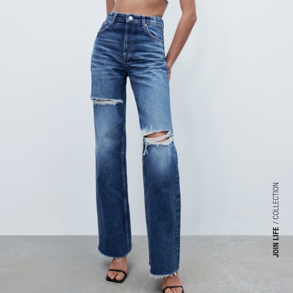 *never worn* Zara Wide Leg Dark Wash Ripped Jeans, Size 34/US 2